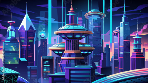 Futuristic skyscraper with floating platforms, glowing neon edges, and glass domes. A night cityscape enhances the sci-fi setting, featuring advanced architecture, innovation, and imaginative structur