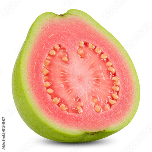 A halved guava fruit with a pink center and small seeds arranged in a circular pattern on a white background