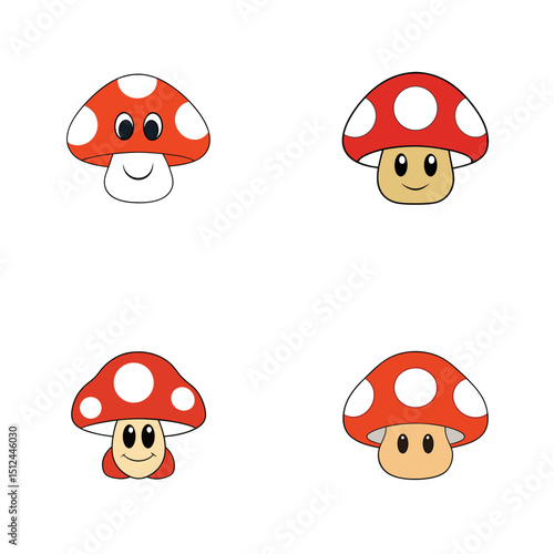 Four cartoon mushrooms with red caps and white spots arranged in a square pattern on white background