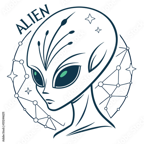 Explore the cosmos with this captivating alien t-shirt design. Featuring a striking extraterrestrial face and constellations, it's perfect for sci-fi enthusiasts and anyone who dreams of the stars.