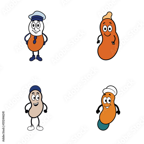 Four cartoon beans with different outfits and expressions standing on a white background design art