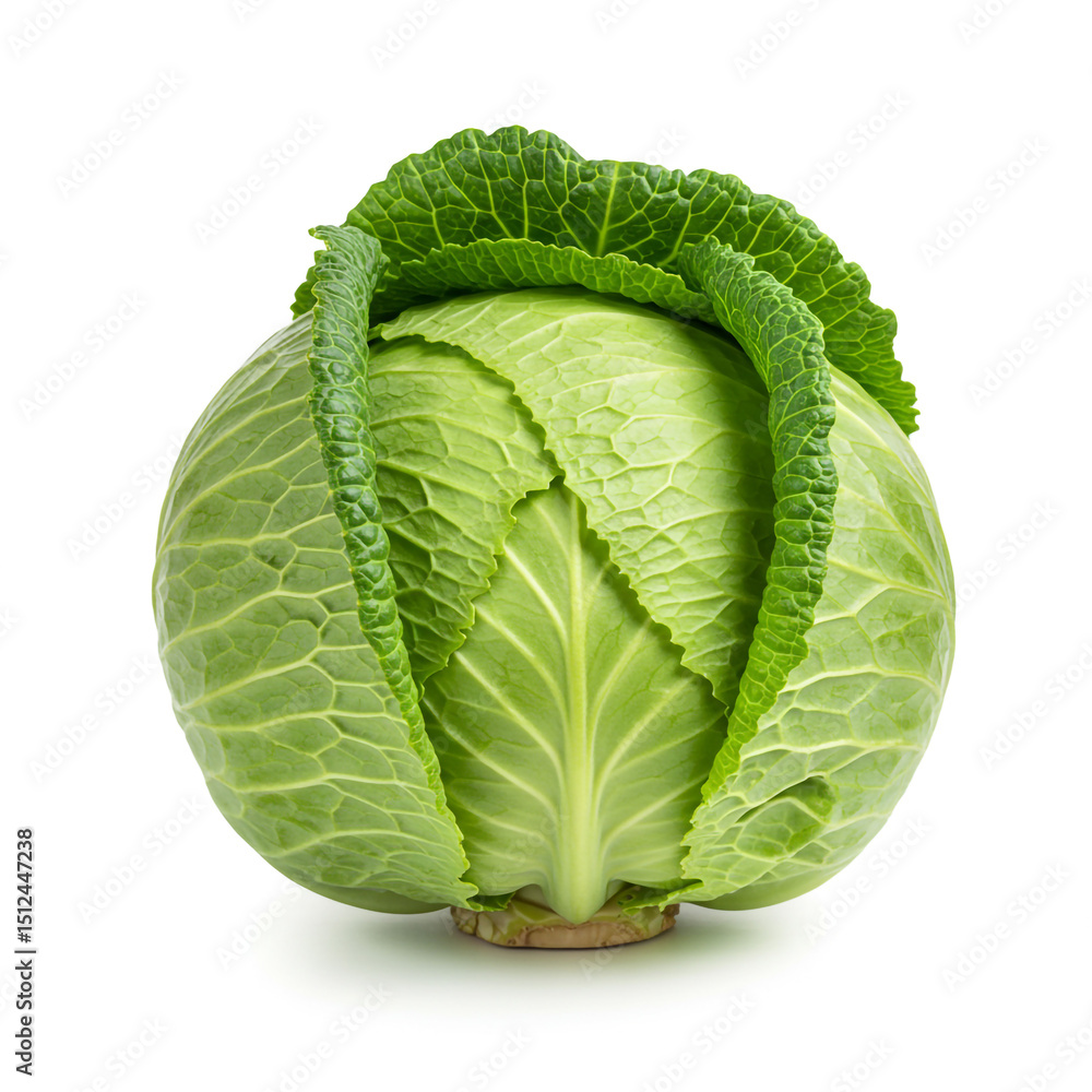 Fototapeta premium Close up shot of a single green savoy cabbage with textured leaves isolated on a white background plain