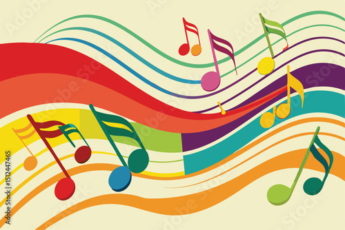 Vibrant musical background featuring colorful music notes arranged in a dynamic wave pattern perfect for music themed designs and creative