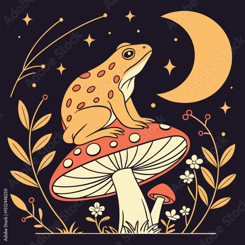 Whimsical and enchanting, this t-shirt design features a dotted frog perched on a vibrant mushroom under a crescent moon. Perfect for nature lovers and those with a flair for the fantastical.