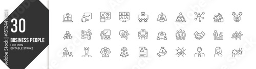 Business people teamwork in corporate environment, office collaboration icon set, UI/UX, line icon