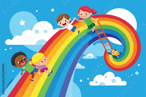 Children joyfully sliding down a vibrant rainbow slide extending from the sky to the earth a whimsical and colorful illustration