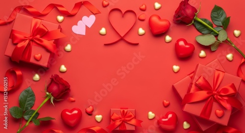 A top-down, eye-level photo on a solid red surface displays a collection of Valentine's Day-themed items arranged around a central empty space. In the upper left corner, a square red gift box is toppe