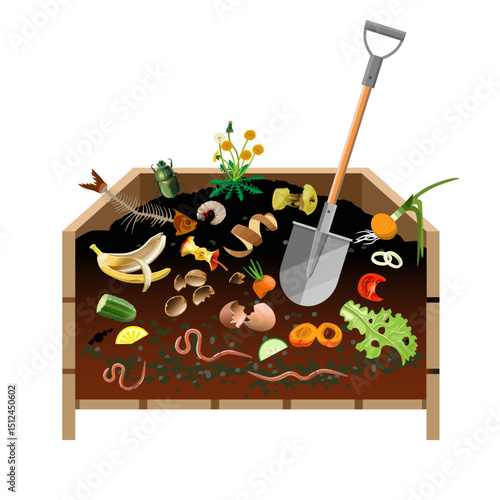 Organic food waste compost bin and plant residues. Vector illustration isolated on white background