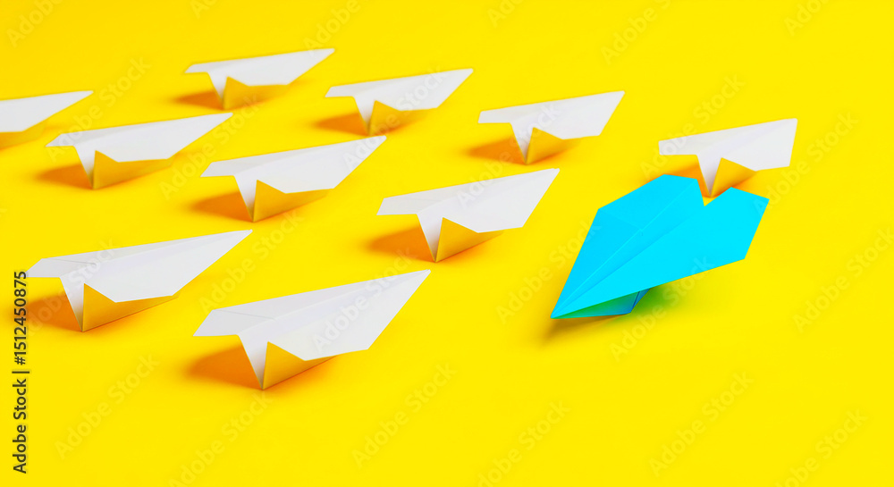 A group of white paper airplanes with one blue airplane on a bright yellow colored background plane concept A group of white paper airplanes with one blue airplane on a bright yellow colored background plane concept