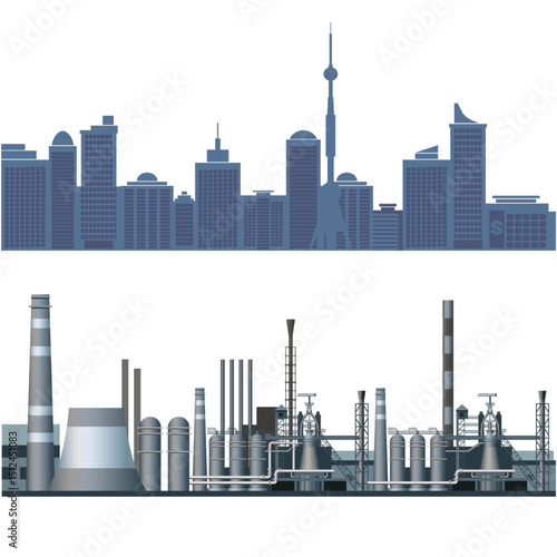 City skyline silhouettes with industrial and urban zones. Vector illustration isolated on white background