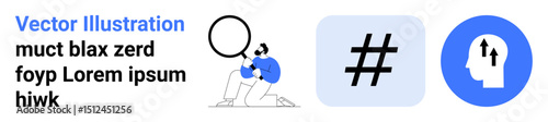 Free Download Person with magnifying glass, metadata tag symbol, and human head showcasing arrows. Ideal for research, analytics, creativity, development, problem-solving, marketing branding simple landing page - GFXLoad