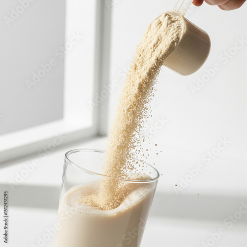 Action shot of protein powder falling from a scoop into a clear glass of water or milk, caught mid-pour. Slightly tilted angle to show dynamic motion