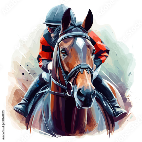 Racing horse. Hippodrome. Racetrack. Equestrian. Derby. Horse sport. Portrait. Watercolor style. Isolated on a white background. Vector illustration