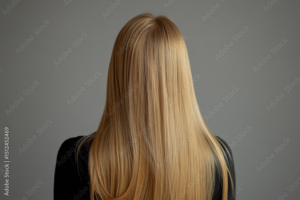 Naklejka premium Rearview perspective of a young woman with long silky hair in a minimalist indoor setting during daylight hours