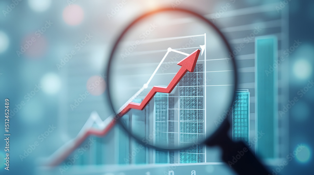 Magnifying glass highlights business growth chart with upward trend. Generative AI analysis financial success stock increase profit investment statistic performance market economy improvement Magnifying glass highlights business growth chart with upward trend. Generative AI analysis financial success stock increase profit investment statistic performance market economy improvement