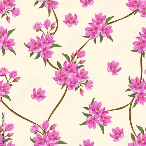 seamless vector  minimal ivy with pink flowers blossoms pattern for wallpaper, textiles, bedding, background, and designg packaging