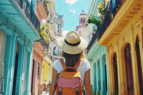 Wallpaper Mural Exploring a vibrant city with colorful buildings and a woman wearing a hat and backpack enjoying the sunny atmosphere Torontodigital.ca