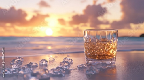 whiskey glass with ice on beach at sunset, creating relaxed atmosphere