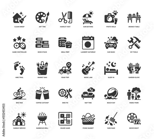 weekend routines task icon set cleaning art haircuts sunbathing brunch