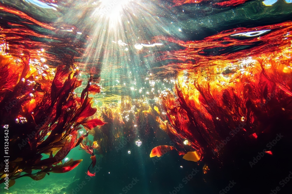 Underwater exploration of vibrant red seaweed illuminated by sunlight creating a mesmerizing aquatic landscape Underwater exploration of vibrant red seaweed illuminated by sunlight creating a mesmerizing aquatic landscape