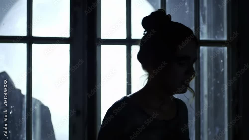 Terrified woman silhouetted by window with masked figure outside. Halloween suspense theme.
Terrified woman silhouetted by window with masked figure outside. Halloween suspense theme.