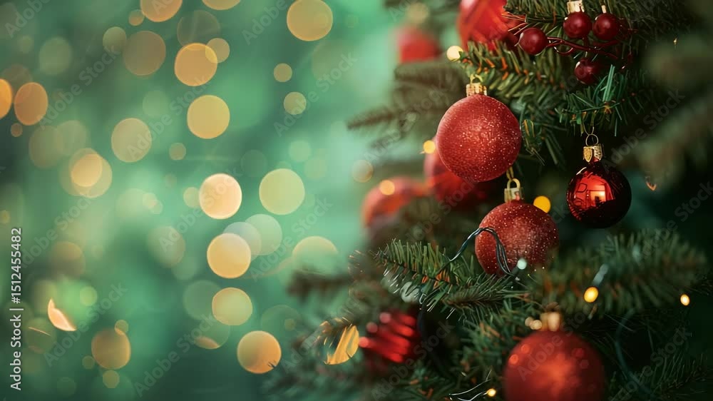 A holiday-themed image with blurred, glittering lights in the background, framing an evergreen Christmas tree adorned with vibrant, red ornaments, evokes feelings of joy and anticipation. A holiday-themed image with blurred, glittering lights in the background, framing an evergreen Christmas tree adorned with vibrant, red ornaments, evokes feelings of joy and anticipation.