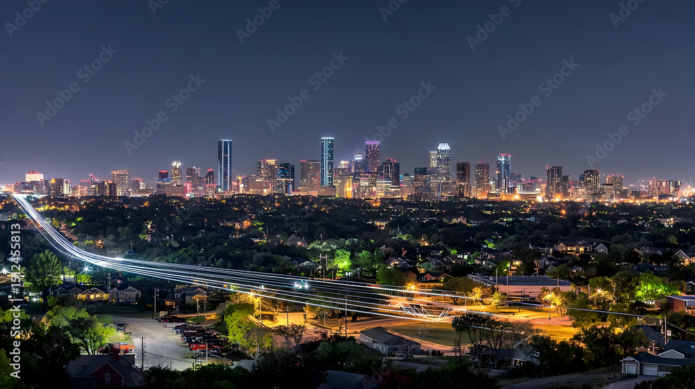 Obraz premium Night City Skyline Panorama With Illuminated Buildings