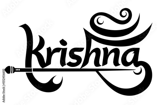 Lettering art featuring Krishna name and flute icon in black and white
