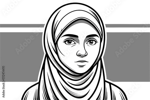 Black and white digital artwork of a young lady wearing a hijab