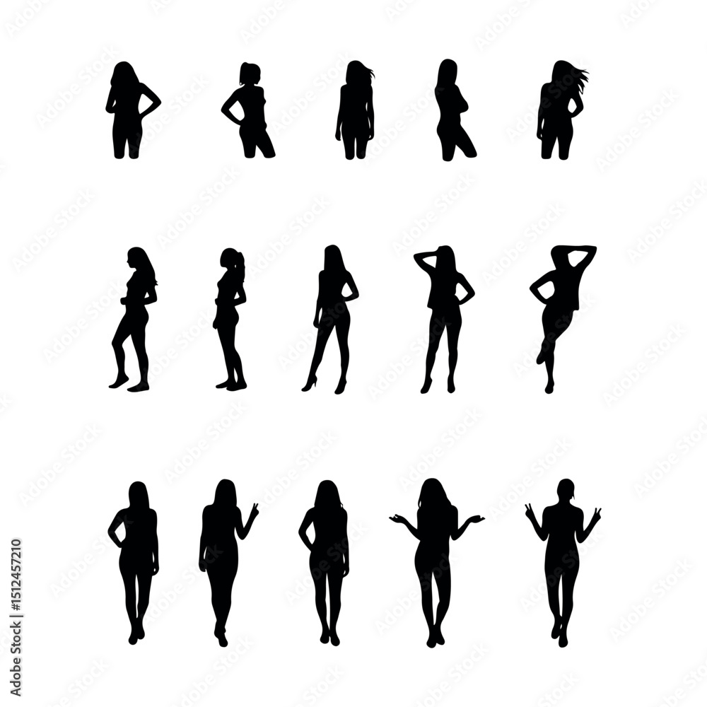 Fototapeta premium Collection of Women Silhouettes in Various Poses-Female Figures Set.