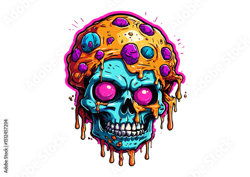 Psychedelic Skull with Pizza Topping Vibrant Digital Art, Surreal Illustration, Trippy Skull Design, Colorful Head Artwork, Bizarre Fantasy Creature