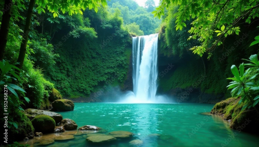 Fototapeta premium Tenorio's turquoise waterfall cascading through lush rainforest , green, rainforest, landscape