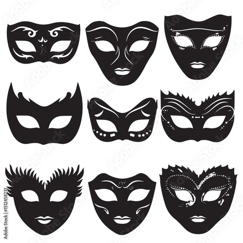 Masquerade Ball Silhouette Masks Vector , black silhouettes isolated on white background