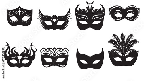Masquerade Ball Silhouette Masks Vector , black silhouettes isolated on white background