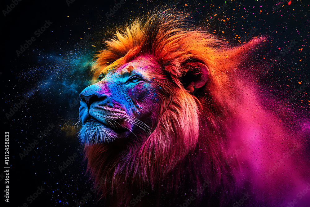 Fototapeta Vibrant lion portrait with colorful powder explosion, showcasing strength and beauty in art