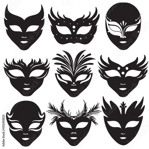 Masquerade Ball Silhouette Masks Vector , black silhouettes isolated on white background