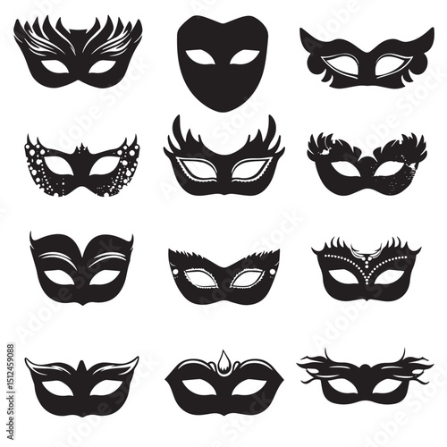 Masquerade Ball Silhouette Masks Vector , black silhouettes isolated on white background