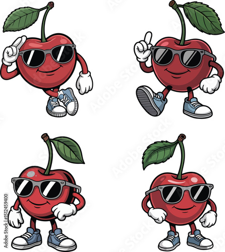 Cool Cherry Cartoon Character Vector Set with Sunglasses Style