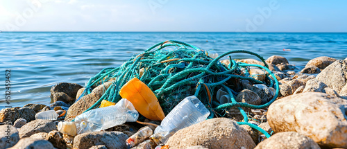 Plastic Pollution On Beach Shoreline With Blue Ocean Water