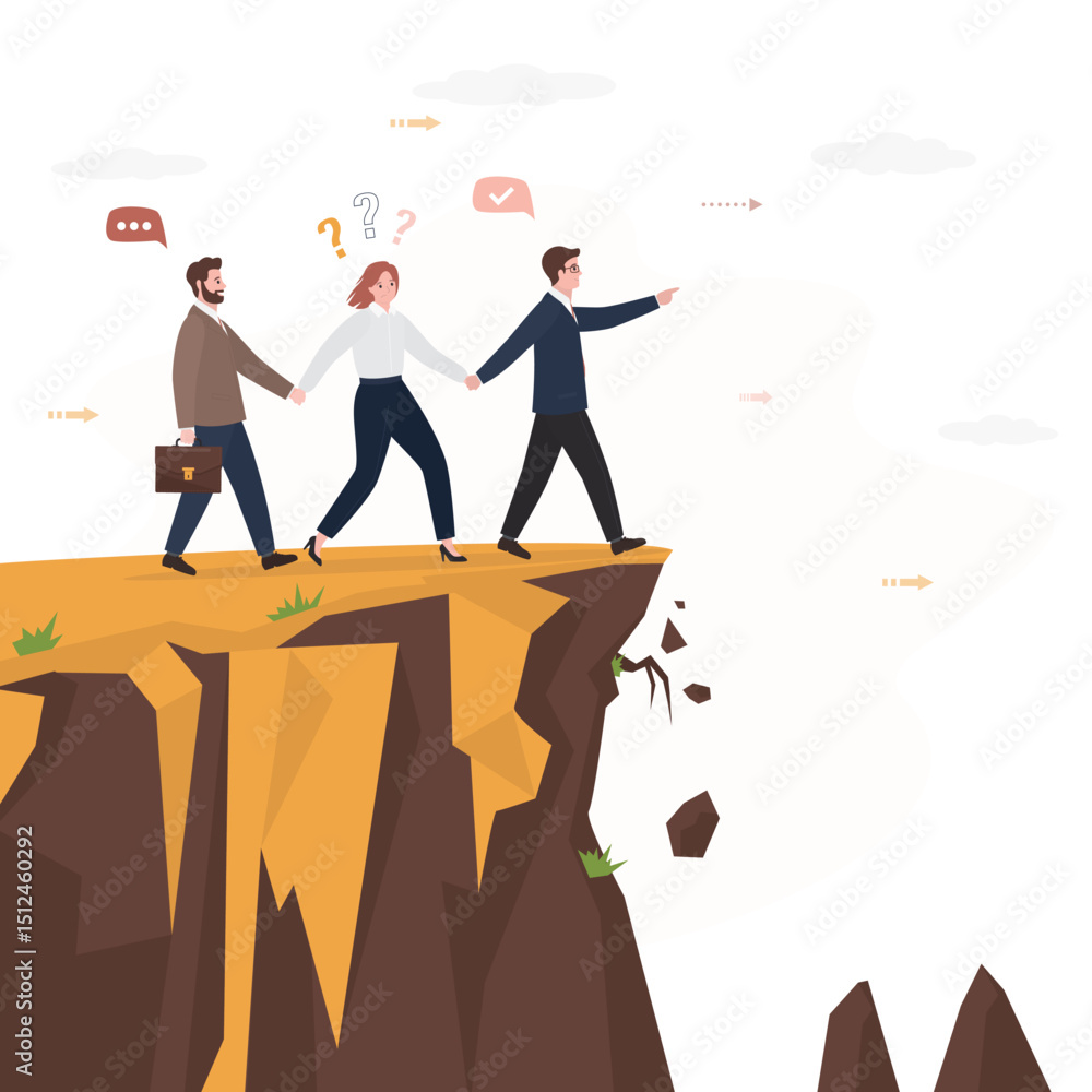 Fototapeta premium Teamwork, business people team up and hold hands of each other. Stupid male boss leads employees to wrong way. Leader choose false direction. Poor money and risk management