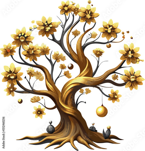 autumn tree with leaves3D Luxury Floral Tree with Golden Deer and Falling Petals – High Relief Decorative Vector Art"