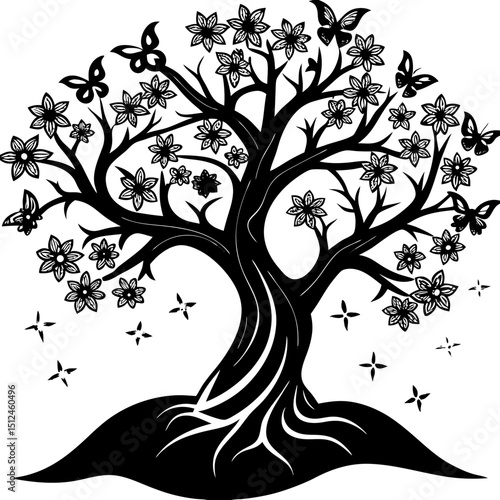 3D Luxury Floral Tree with Golden Deer and Falling Petals – High Relief Decorative Vector Art"
