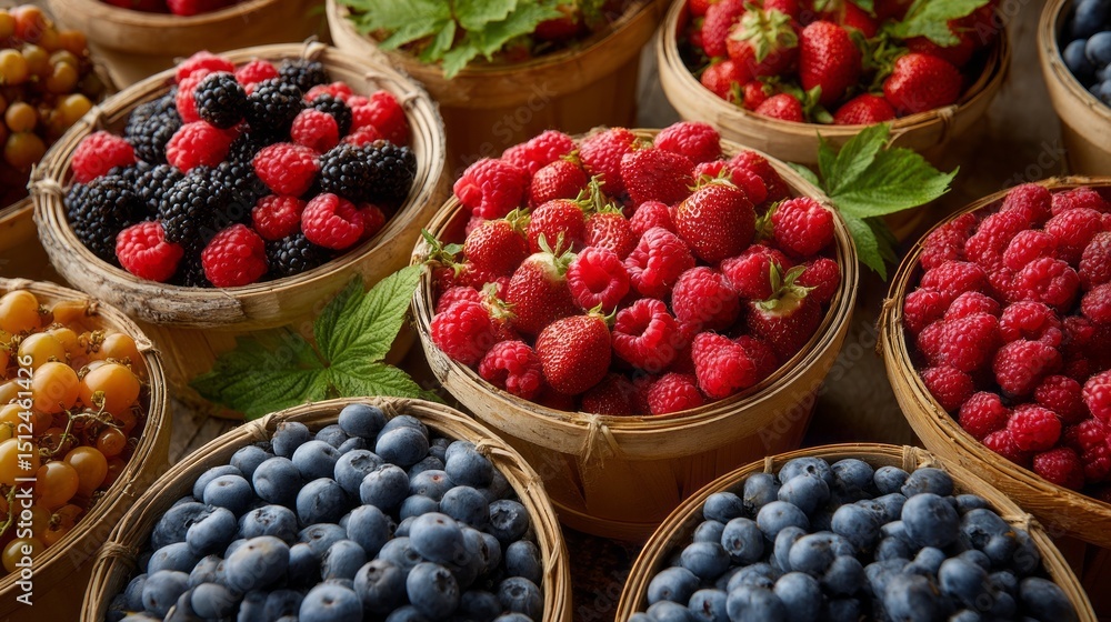Colorful baskets filled with fresh berries, including strawberries, blueberries, raspberries, and blackberries, showcase the bounty of summer in a vibrant local market setting Colorful baskets filled with fresh berries, including strawberries, blueberries, raspberries, and blackberries, showcase the bounty of summer in a vibrant local market setting