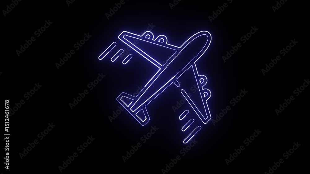 Glowing neon airplane icon animation with black background. HD animated outline flight travel symbol video loop
Glowing neon airplane icon animation with black background. HD animated outline flight travel symbol video loop