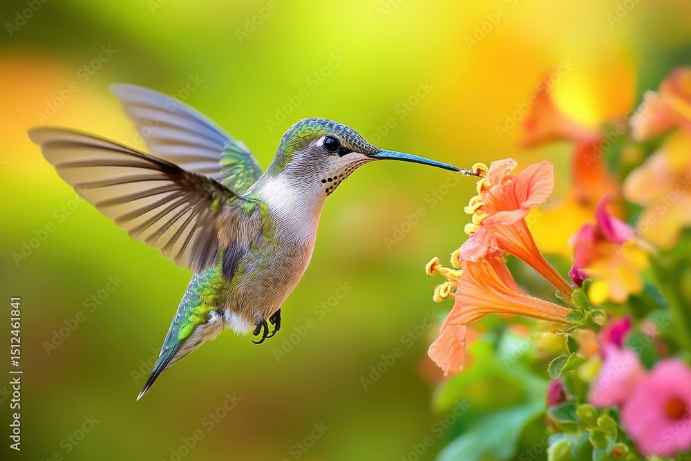 Fototapeta premium Vibrant closeup of hummingbird pollinating colorful flower during a sunny afternoon in a lush garden
