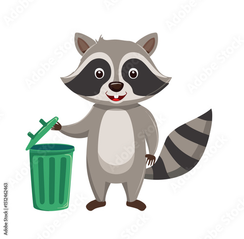 Adorable raccoon character opening green trash can