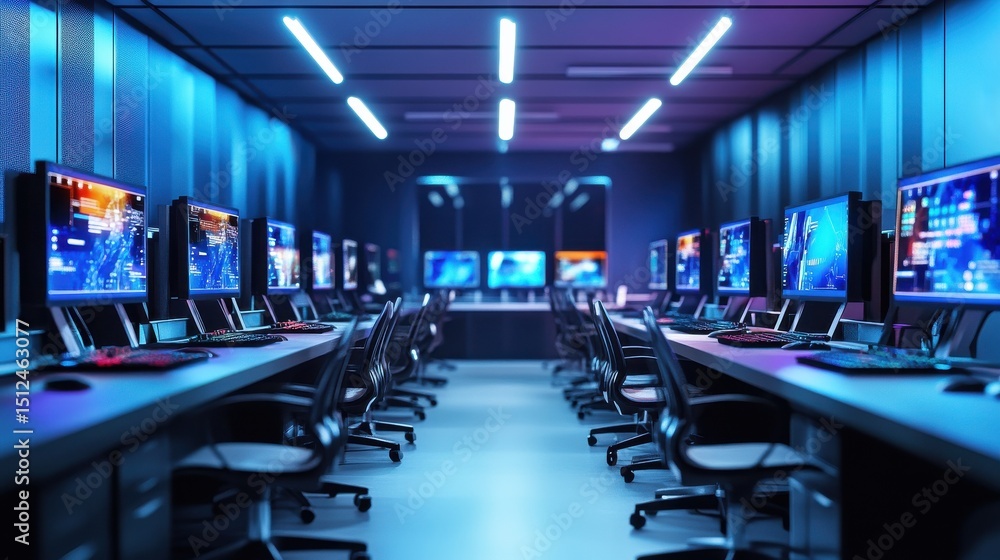 Fototapeta premium Modern Computer Lab with Colorful Displays and Keyboards