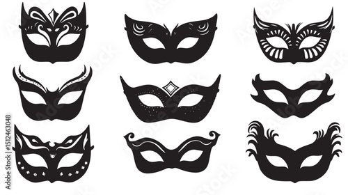Masquerade Ball Silhouette Masks Vector , black silhouettes isolated on white background