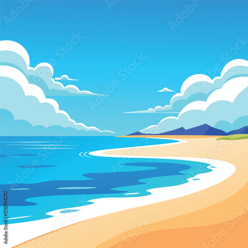 
Empty beach with clear blue water stretching under a bright sky inviting tranquility and relaxation flat vector illustration
