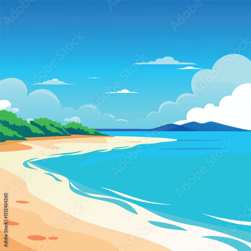 
Empty beach with clear blue water stretching under a bright sky inviting tranquility and relaxation flat vector illustration

